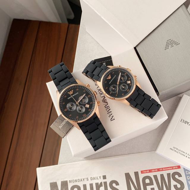 Armani 阿玛尼情侣款 型号：Ar5905 Ar5906 时尚运动情侣款手表，休闲商务均可，硅胶包钢表带石英表，表盘直径43Mm 32Mm表带宽22Mm 1